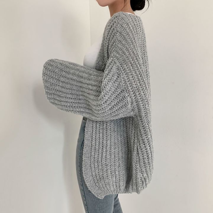 Áo Khoác Cardigan Dệt Kim Cổ Chữ V Dáng Rộng Màu Sắc Đơn Giản Cho Nữ