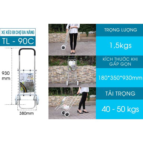 [BH 12 THÁNG] Xe kéo đi chợ gấp gọn 2 bánh ADVINDEQ TL-90C, xe đẩy kéo hàng đi chợ gấp gọn nhẹ mini siêu thị giá rẻ