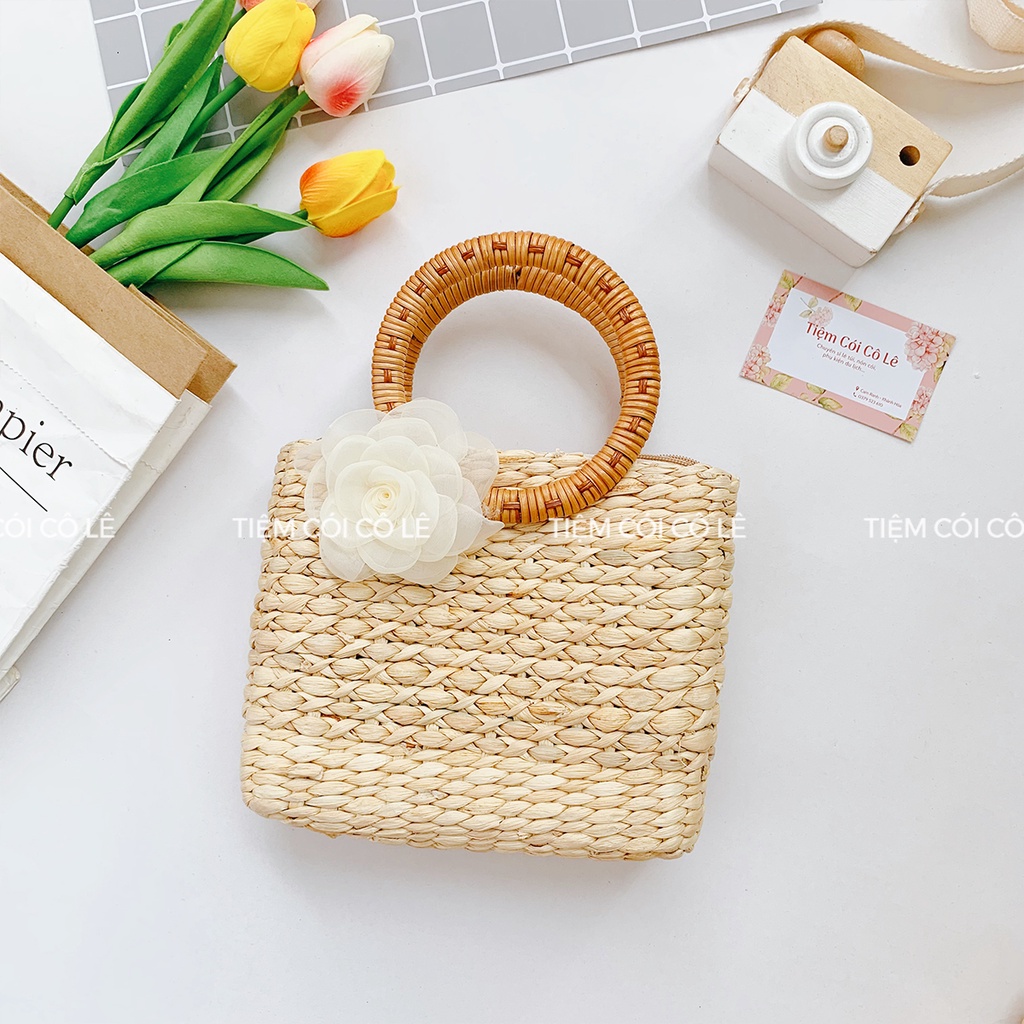 Túi lục bình mini dáng vuông, làn cầm tay đan kiểu mắt na xinh xắn - Tiệm Cói Cô Lê