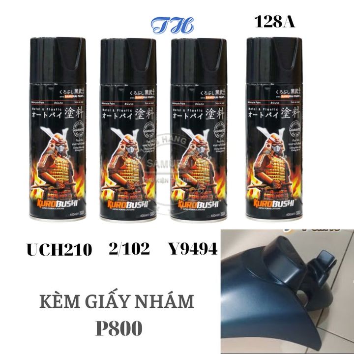 Combo 4 chai sơn samurai y9494 màu xám đen mờ gồm: uch210 - 2/102 - y9494 - 128a - giấy nhám p800