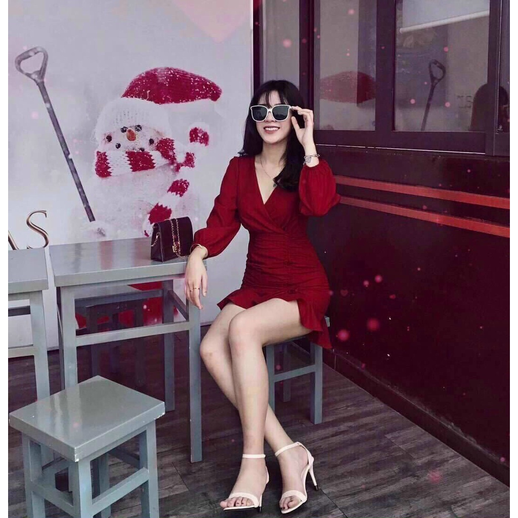 Đầm tiểu thư nữ đi tiệc, đầm cổ v tay dài đuôi cá rút dây hông màu trắng đỏ nhã nhặn