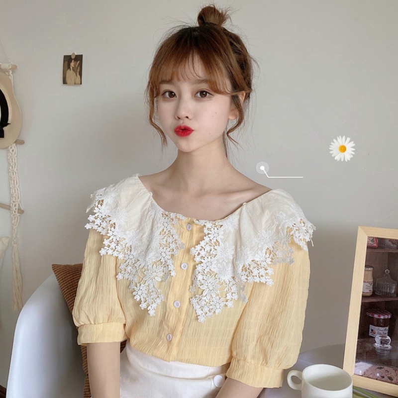 Women Blouse Lace Patchwork Doll Collar Bubble Short Sleeve Solid Fashion Blouse Slim Sweet Loose Korean Blouse Tops