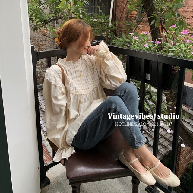 Áo babydoll xếp li ngực thời trang vintage (hình thật/sẵn)