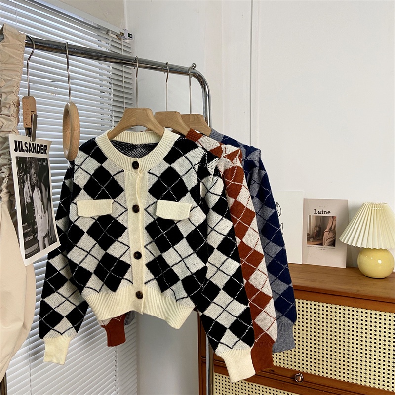 Áo Khoác Cardigan Dệt Kim Tay Dài Dáng Rộng Cổ Tròn In Họa Tiết Hình Thoi Thời Trang Mùa Thu Cho Nữ