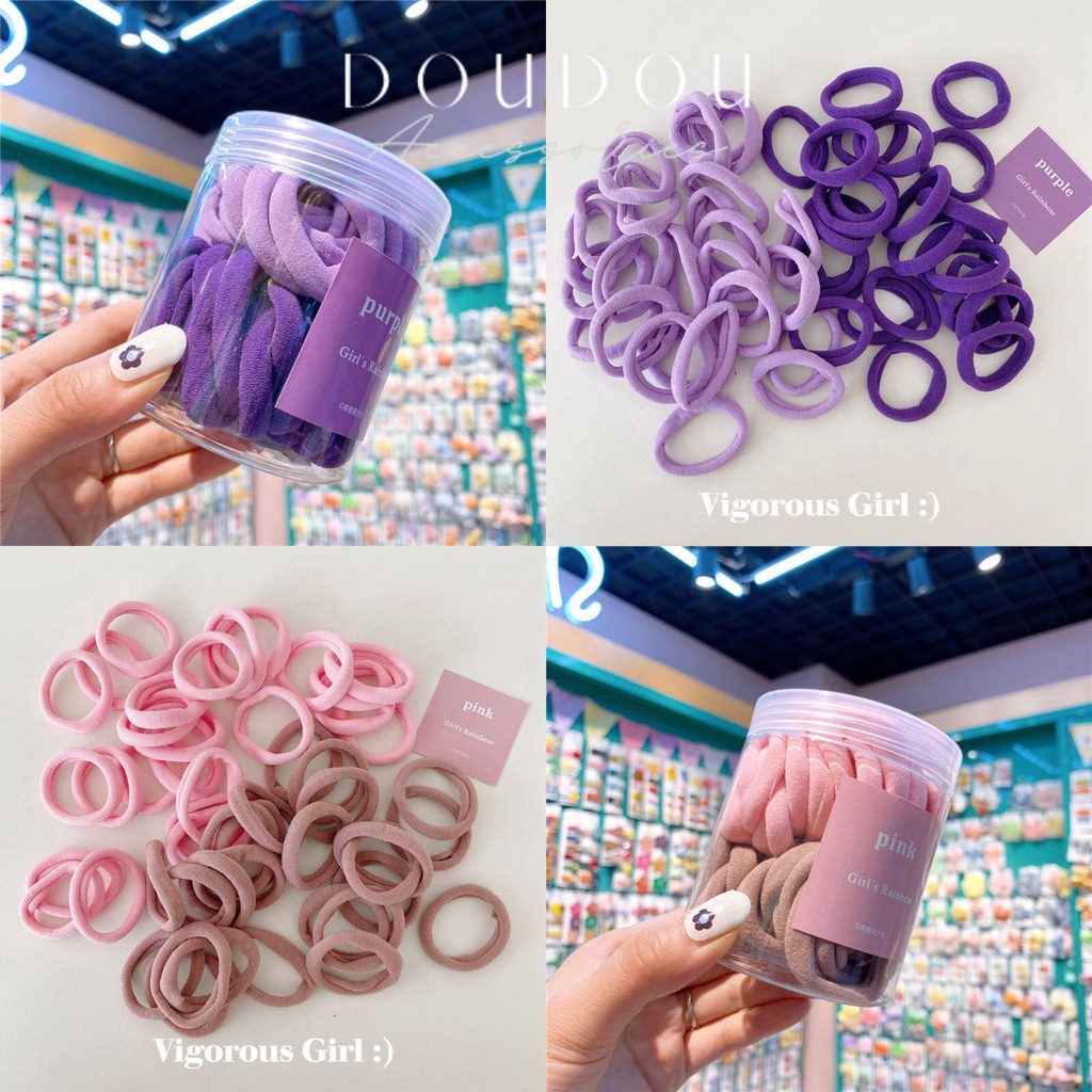 Hộp 50 dây chun buộc tóc Doudou Dây cột tóc nữ sợi to dày phong cách Hàn Quốc nhiều màu gam kẹo ngọt xinh xắn PJ009