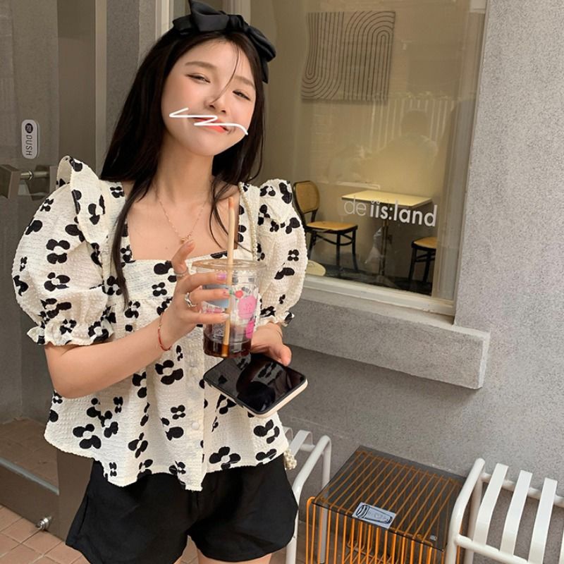 Áo kiểu IELGY cổ vuông tay ngắn phối bèo in họa tiết hoa thời trang Pháp cho nữ