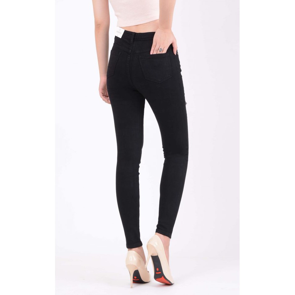 Quần jean nữ skinny màu đen lưng cao rách sợi nhỏ