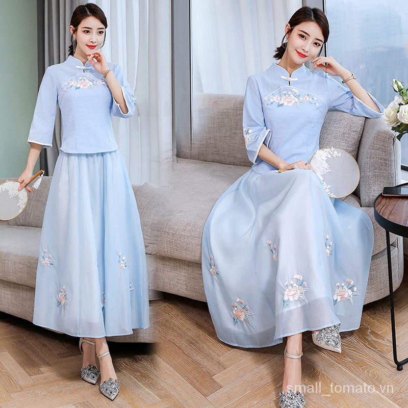 Single/Suit Summer New Women's Han Chinese Clothing Improved New Republic of China Style Vintage Plate Buttons Embroidered Cheongsam Suit