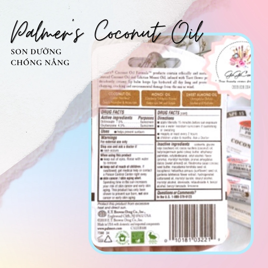 SON DƯỠNG CHỐNG NẮNG PALMER'S COCONUT OIL SPF15 + 8GR