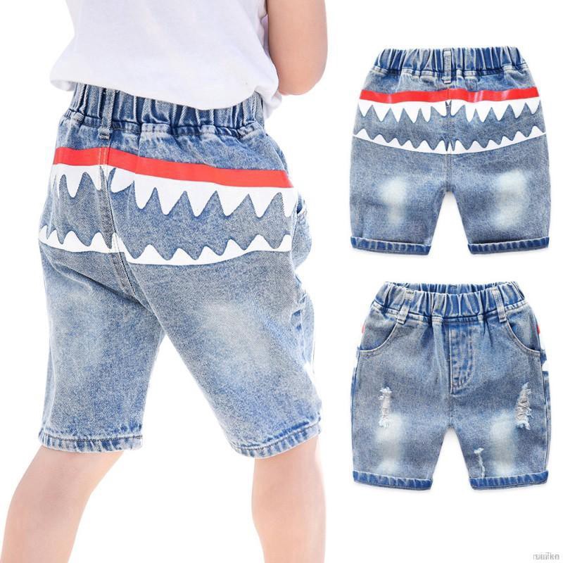 ruiaike  Summer Baby Boys Shark Mouth Pattern Short Pants Denim Trousers Casual Pocket Shorts 2-7Y