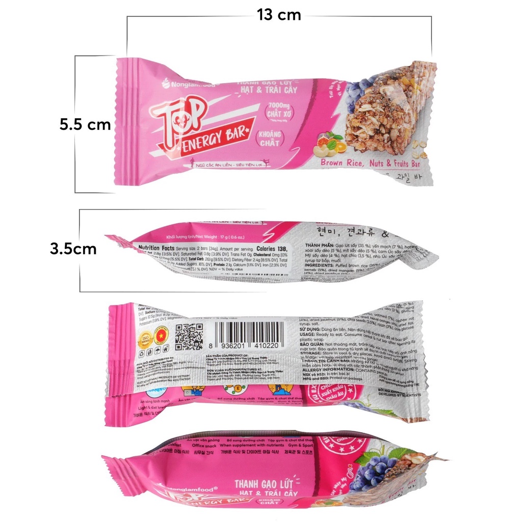 [KÈM QUÀ TẶNG] Thanh năng lượng gạo lứt ngũ cốc Trái cây Top Energy Bar Nonglamfood | Ăn kiêng, ăn chay