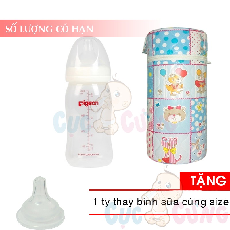 Bình sữa nhựa cổ rộng Pigeon PP (160ml/240ml/330ml) + 1 ủ bình sữa cổ rộng Tặng 1 ty thay binh sua cùng size