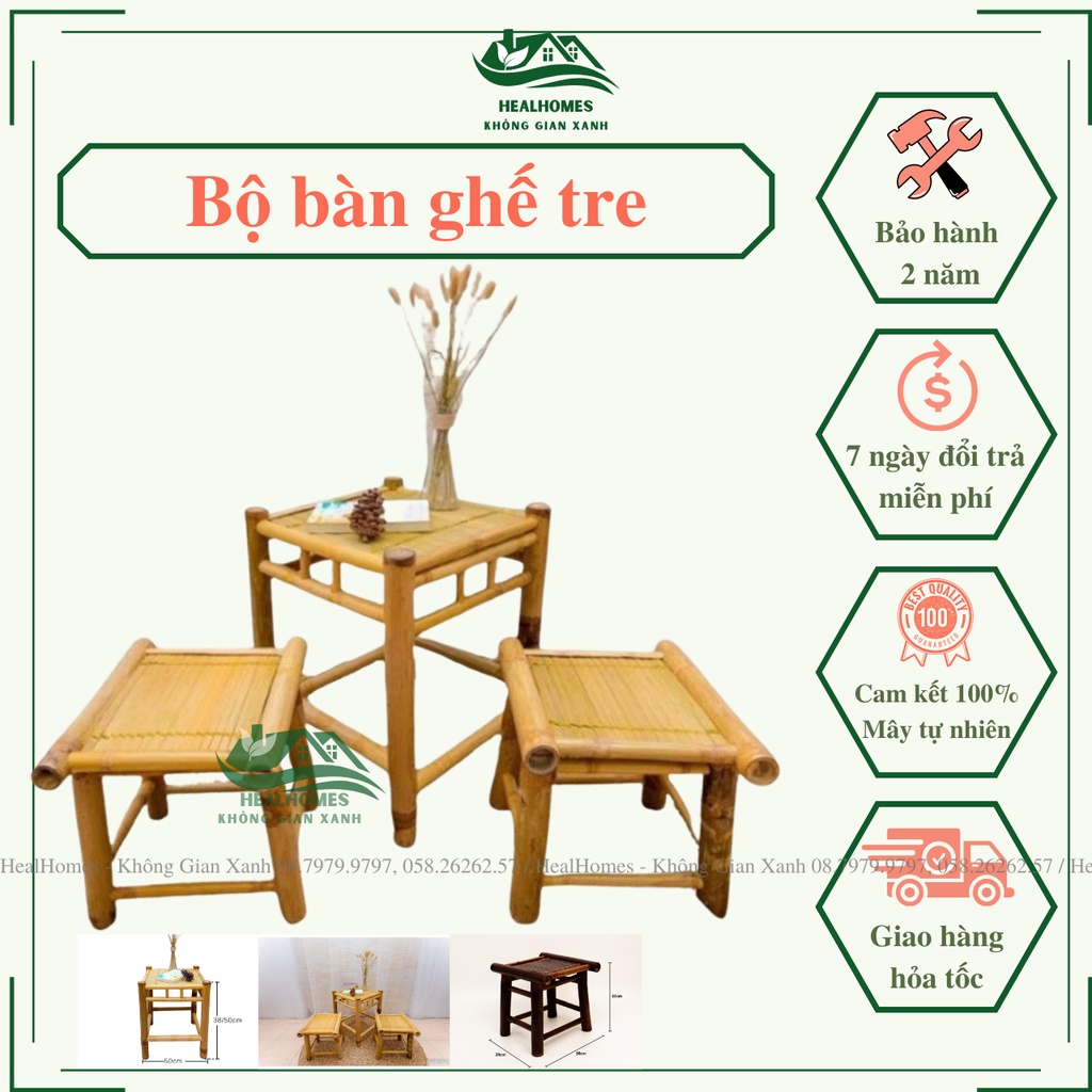 Bộ bàn ghế ban công tre cao cấp gồm 1 bàn và 2 ghế , dùng thư giãn trang trí phòng khách sân vườn quán caffee/ Healhomes