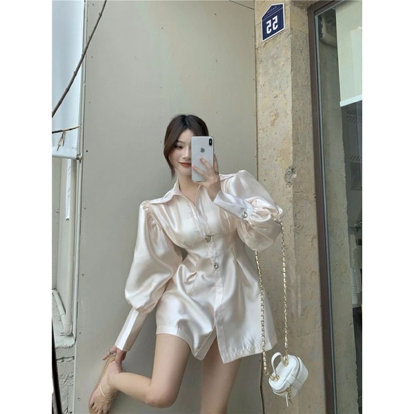 Đầm Sơmi Tay Phồng Thắt Eo, Váy Ngắn Tay Dài Độn Vai Mùa Thu Đông Phong Cách Tiểu Thư Hàn Quốc Cho Nữ