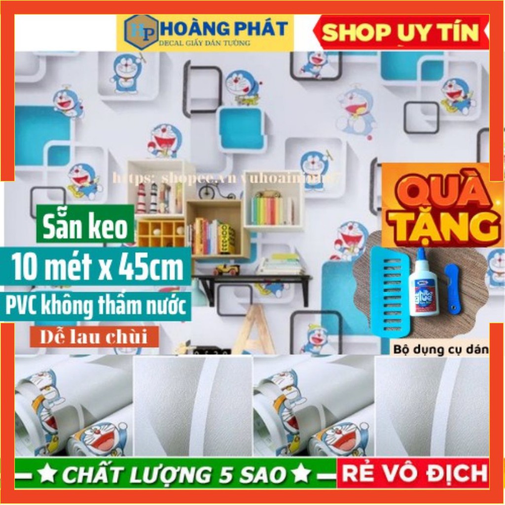 Giấy dán tường cho bé  ⚡FREESHIP⚡ 10m giấy dán tường sẵn keo doremon ô vuông (10m x 45cm / cuôn)