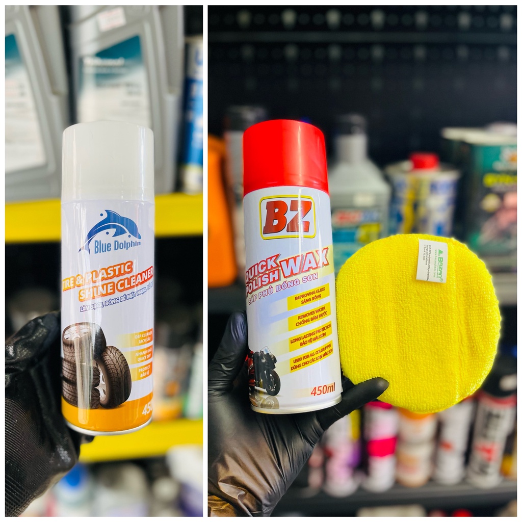 COMBO Xịt dưỡng dàn nhựa bóng, nhựa nhám, lốp xe BZ Blue Dolphin 450ML dành cho xe máy, xe oto
