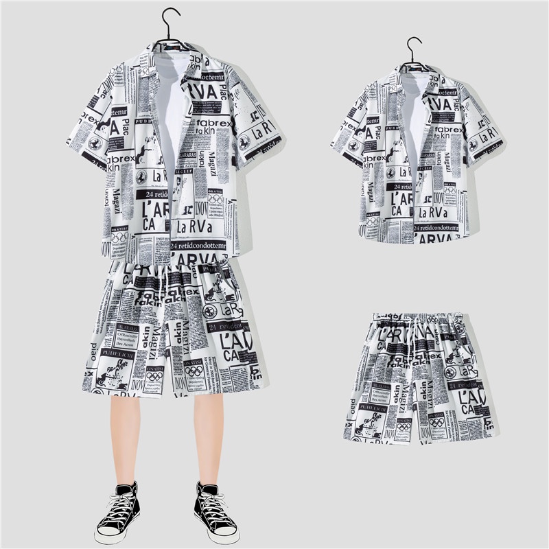 Set áo sơ mi ngắn tay + quần short họa tiết tờ báo thời trang mới cho nam