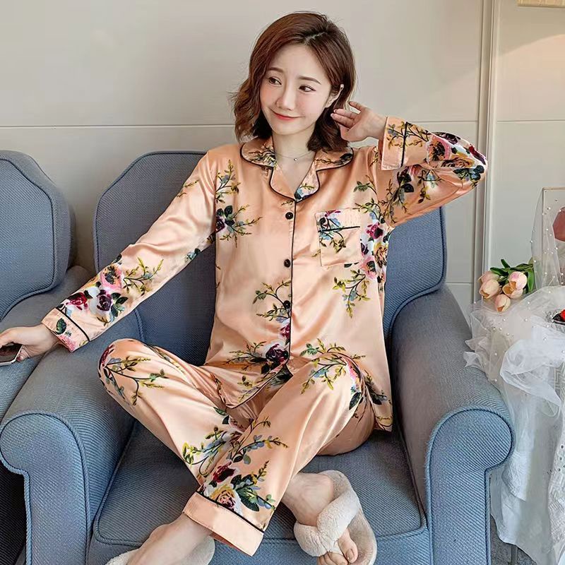 Bộ Đồ Ngủ Tay Dài Chất Lụa Satin In Họa Tiết Hoa Phong Cách Hàn Quốc Thời Trang Cho Nữ Size M-4XL