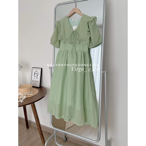 [HÀNG SẴN]VÁY TƠ CỔ BÈO VUÔNG THẮT NƠ DÁNG MIDI TIỂU THƯ