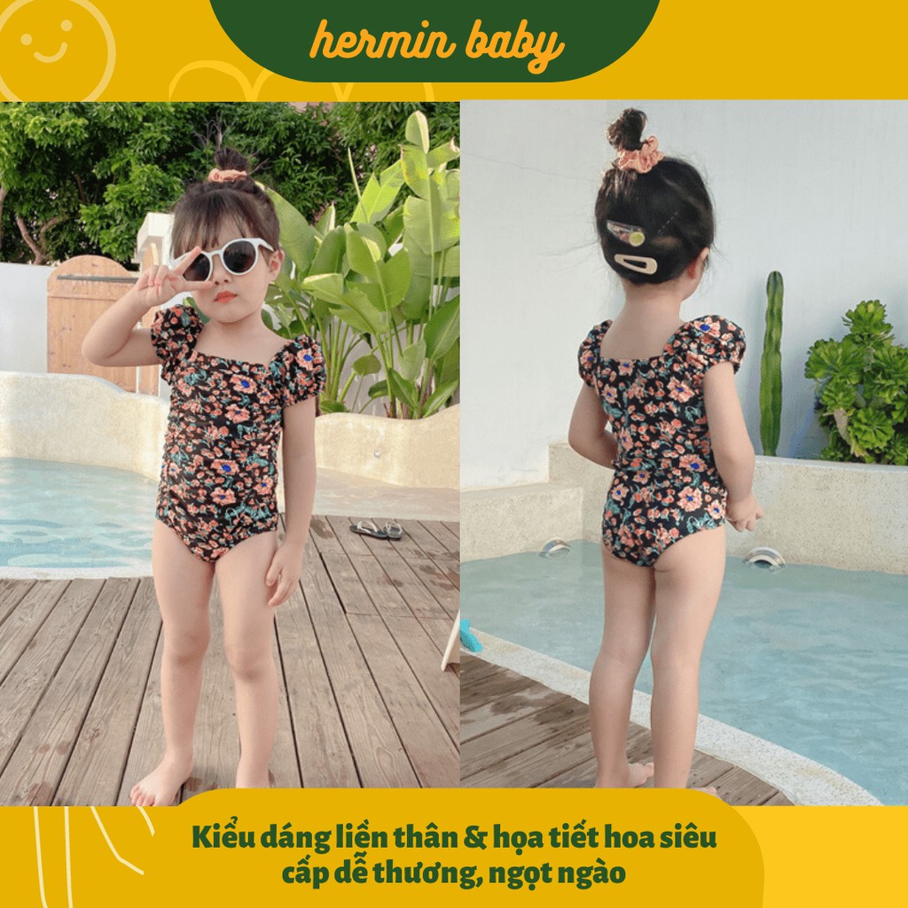 Đồ bơi bé gái - bikini bé gái 1 mảnh họa tiết hoa vintage kèm mũ bơi dễ thương-Mã BGLT07