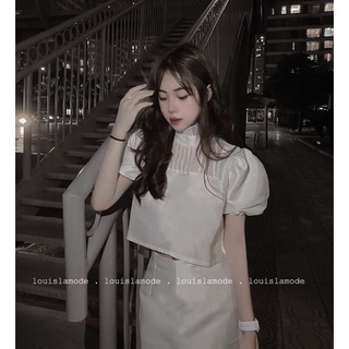 Set áo tay phồng phối cổ lưới croptop kèm chân váy