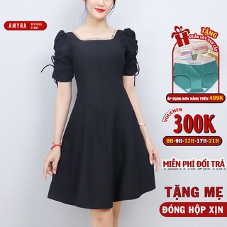 Đầm trung niên dự tiệc sang trọng cao cấp AMYRA thiết kế tay phổng rút dây cổ vuông dáng xòe che bụng cho mẹ DA190