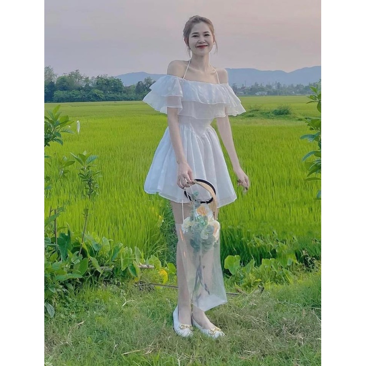 Đầm bẹt vai trắng nổi dây cổ yếm KÈM ẢNH THẬT