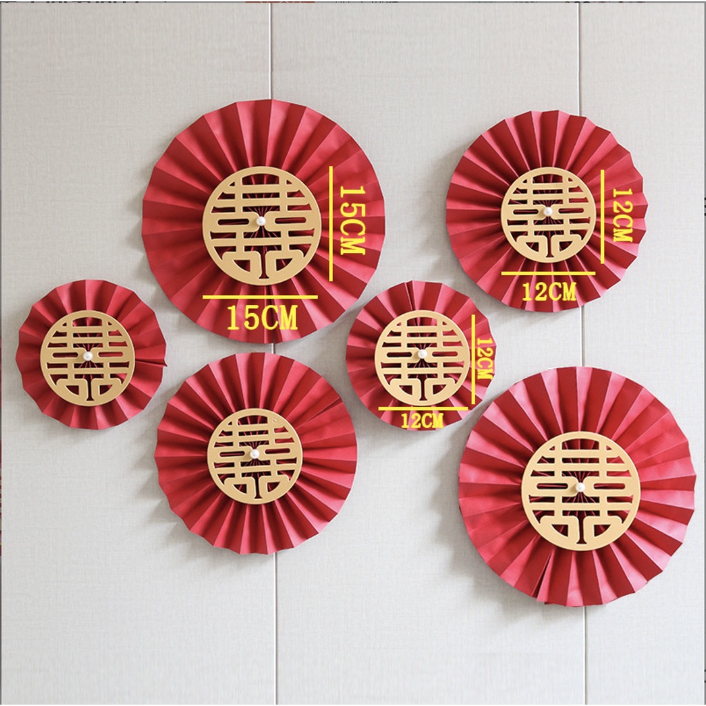 Quạt giấy trang trí sinh nhật thôi nôi phòng cưới decor treo tường bộ 6 cái HAPPYKID QGTTSN