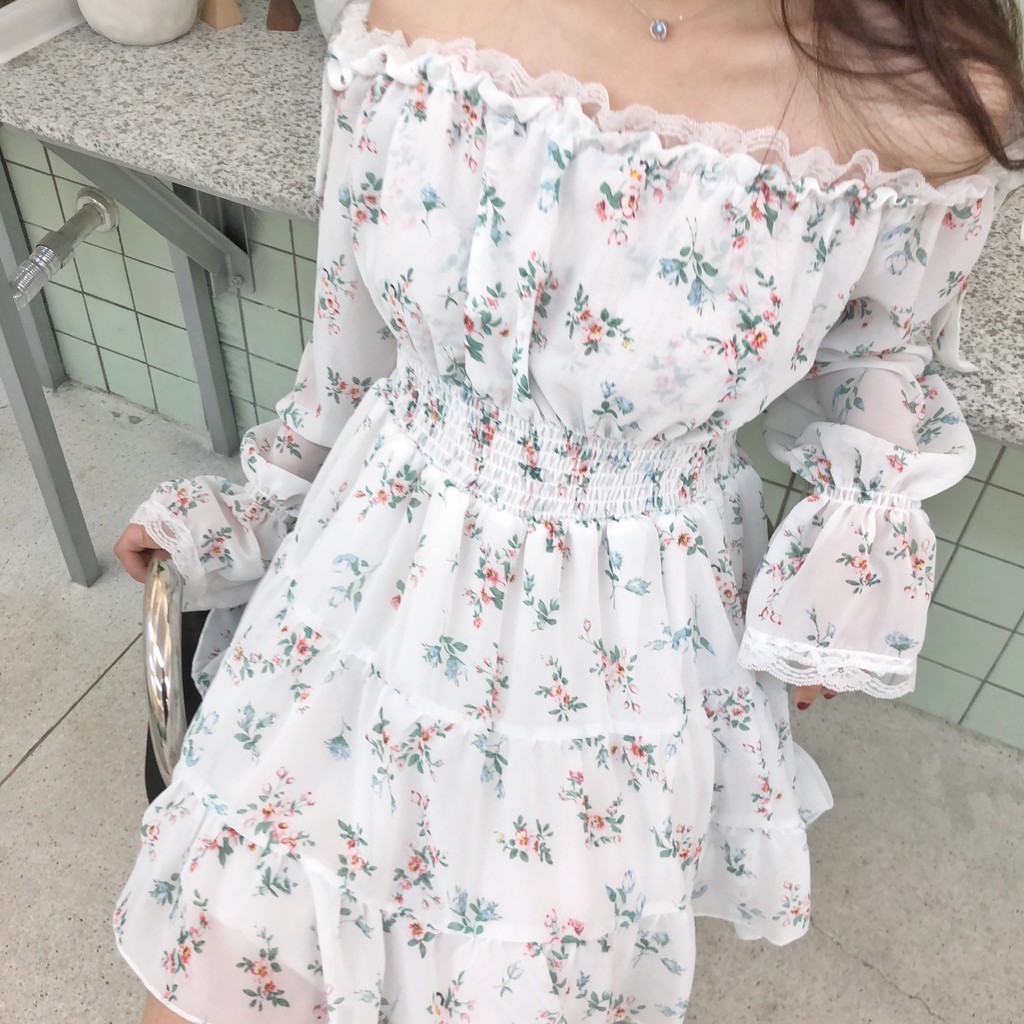 Váy hoa trễ vai chiffon Ulzzang, đầm trễ vai dáng xòe - Cỏ Clothes