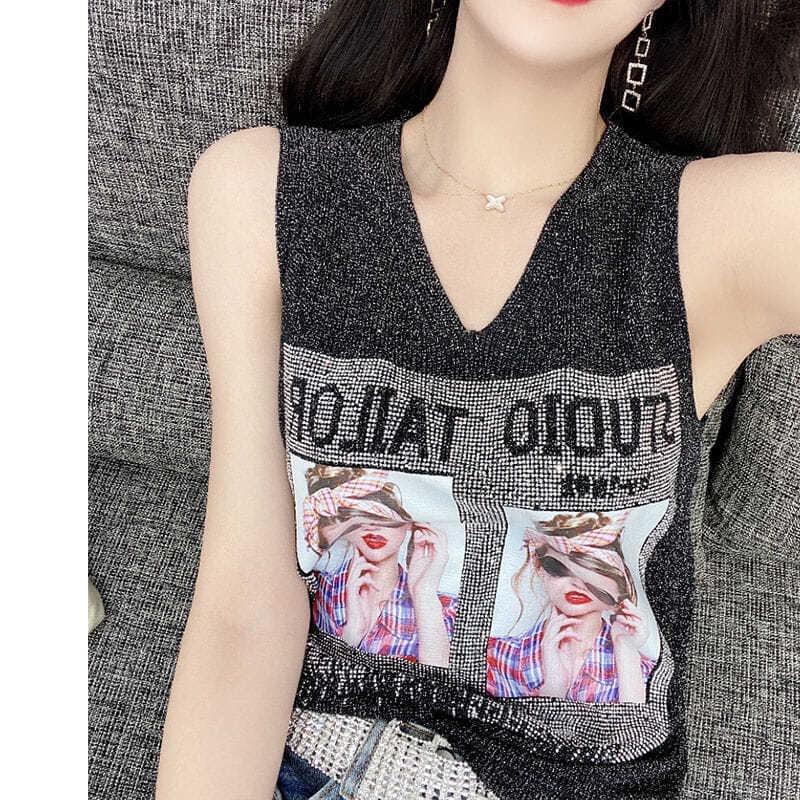 Áo dệt kim ZHELIHANGFEI sát nách đính đá thủ công thời trang sành điệu