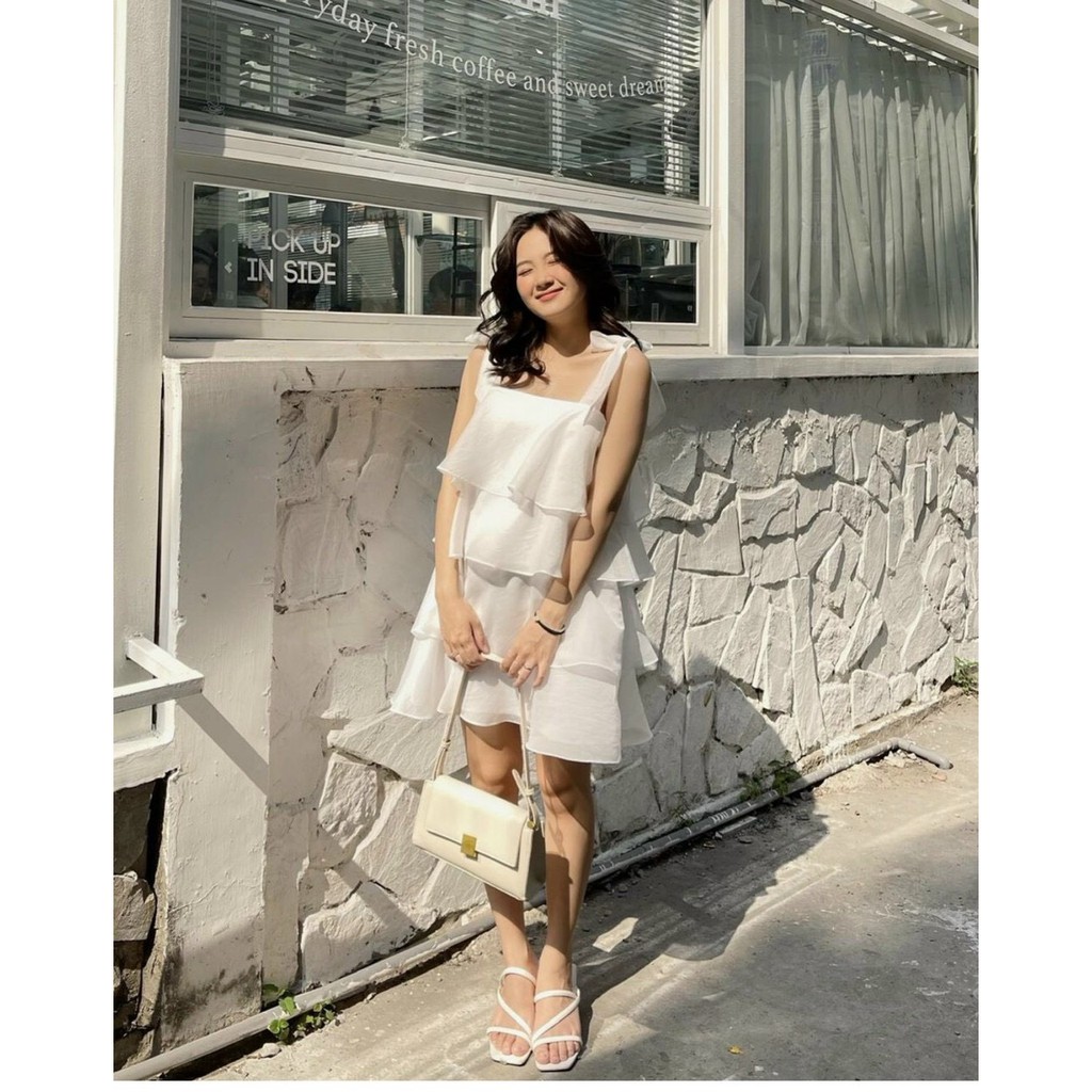 [Mã WASTMAY giảm 15% tối đa 30K đơn 150K] ĐẦM HAI DÂY CỘT NƠ VAI XẾP TẦM 2 MÀU HỒNG TRẮNG TD | BigBuy360 - bigbuy360.vn