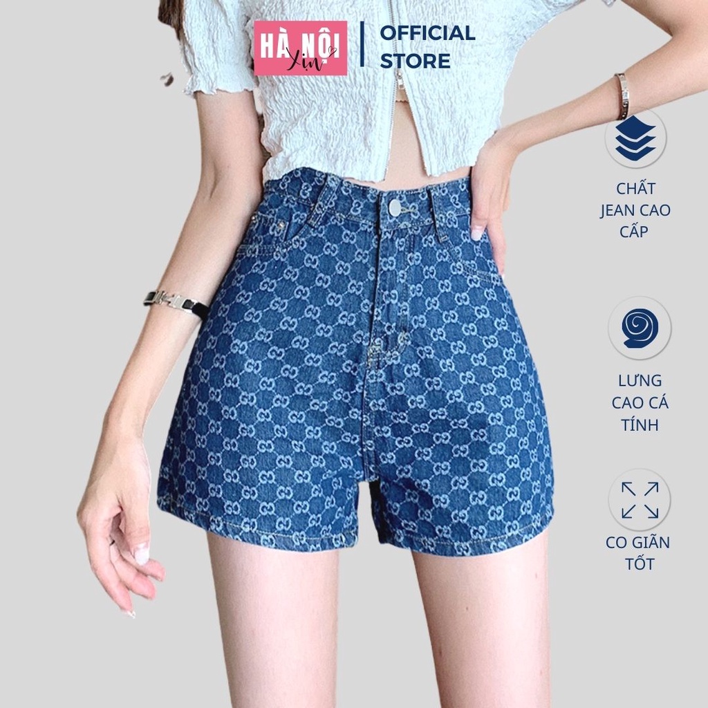 Quần Short jean nữ họa tiết Caro lưng cao, phong cách Hàn Quốc cá tính hothit 2022