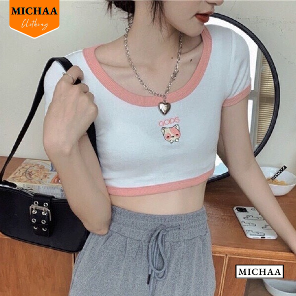 Áo Croptop Ôm Body Nữ GODS THÊU CÚN Cổ U Tay Ngắn, Áo Thun Croptop Kiểu In Họa Tiết - MICHAA CR94