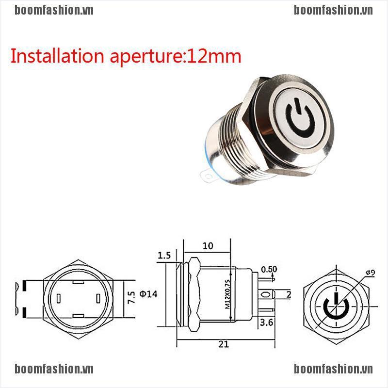 Công tắc nút ấn màu đen bằng kim loại tích hợp đèn LED chống thấm nước 12mm 12V