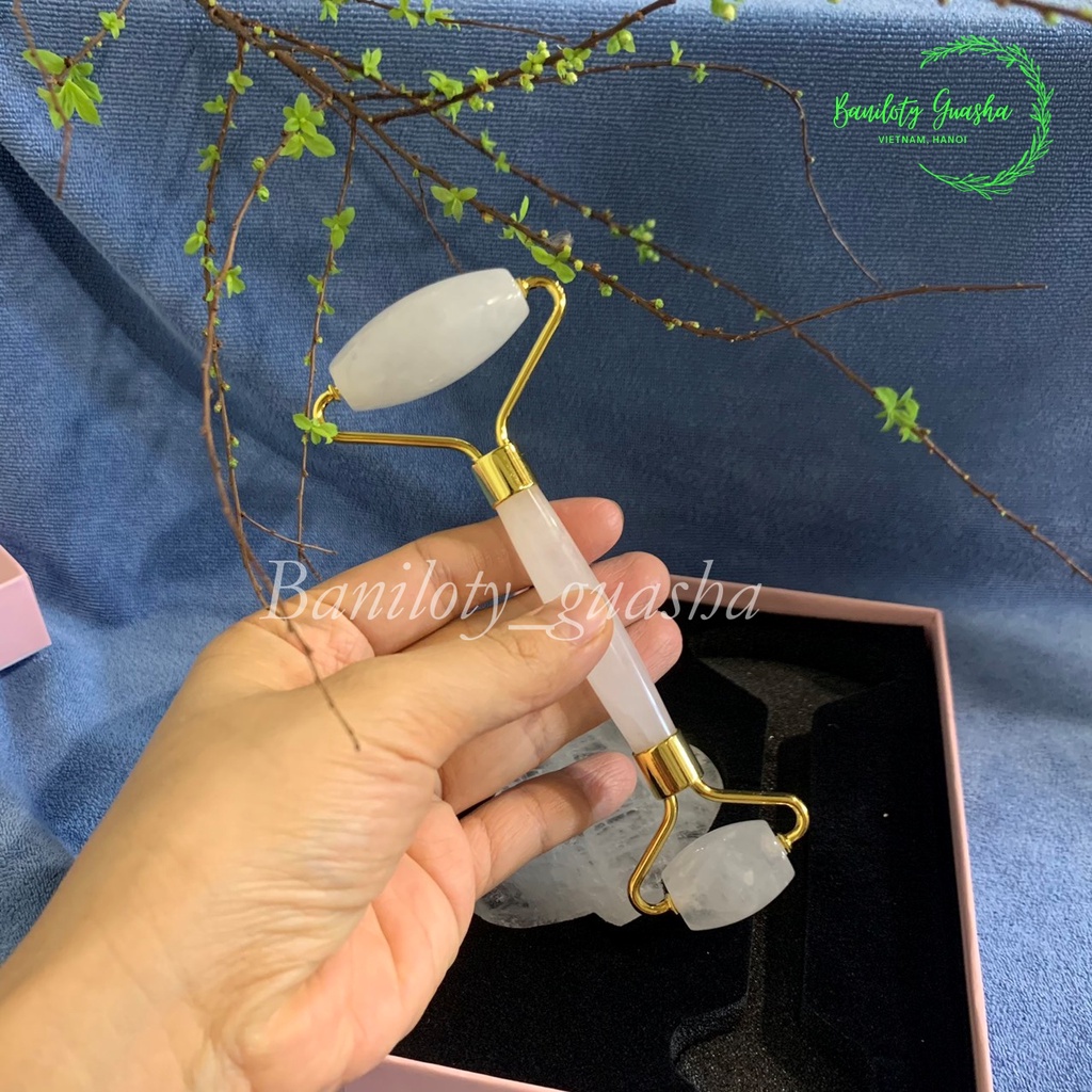 (Bản limited Baniloty) Bộ thanh lăn và miếng đá trái tim-đá tự nhiên màu trắng trong, massage mặt nâng cơ hiệu quả