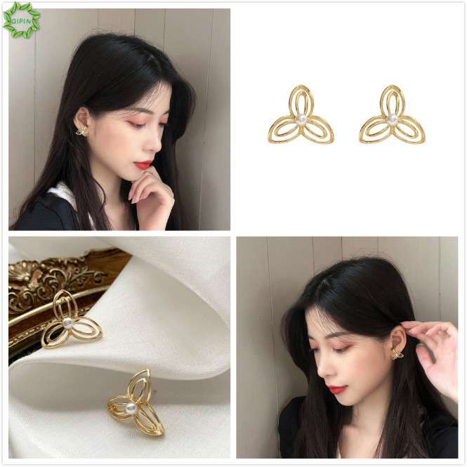 Bông tai dạng xỏ thiết kế hình chiếc lá đính hạt ngọc trai giả đơn giản phong cách Hàn Quốc