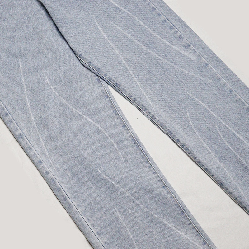 Quần bò nam dáng rộng ống suông hoạ tiết mèo cào màu xanh nhạt quần jeans unisex thời trang LOHA