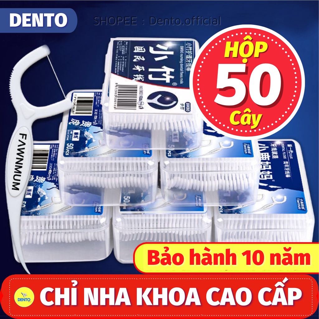 Tăm chỉ nha khoa, Tăm xỉa răng nhựa BMBO chính hãng hộp 50 cây sợi mỏng dễ luồn lách kích thước 2,4 x 8cm
