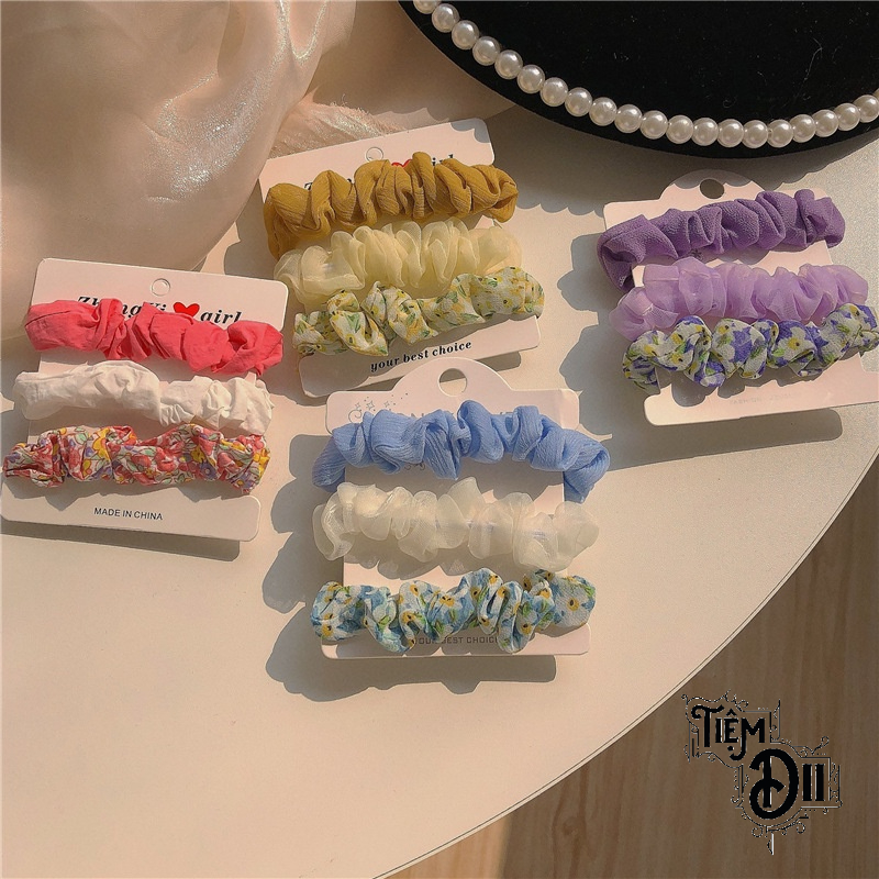 Set 3 Scrunchies Mini Chun Buộc Tóc Vải Chun Cột Tóc VinTage Dễ Thương Quà Tặng Cho Cô Nàng Bánh Bèo