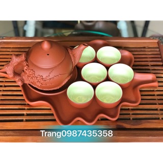 Ấm chén đắp nổi gốm tử sa khay lá