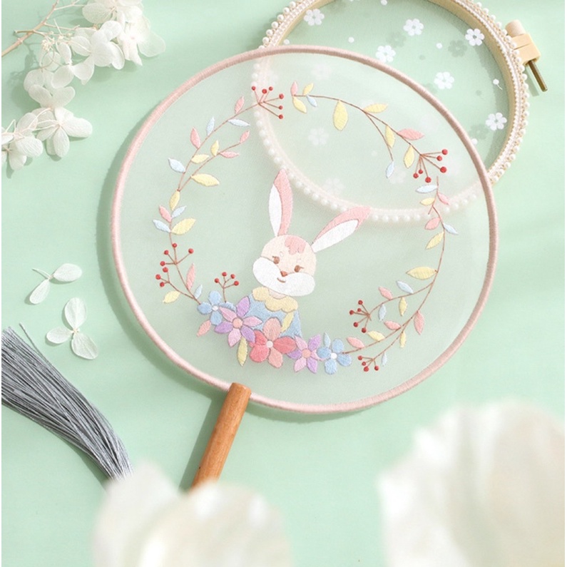DIY kit tự thêu tay quạt cổ phong vintage gói nguyên liệu đầy đủ kim chỉ thêu tự làm quà tặng handmade áo dài lenmade