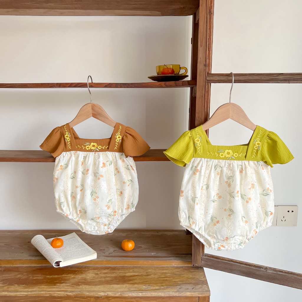 Bộ Áo Liền Quần Ngắn Tay Vải Cotton Jacquard In Hoa Kiểu Retro Pháp Thời Trang Mùa Hè Cho Bé Gái