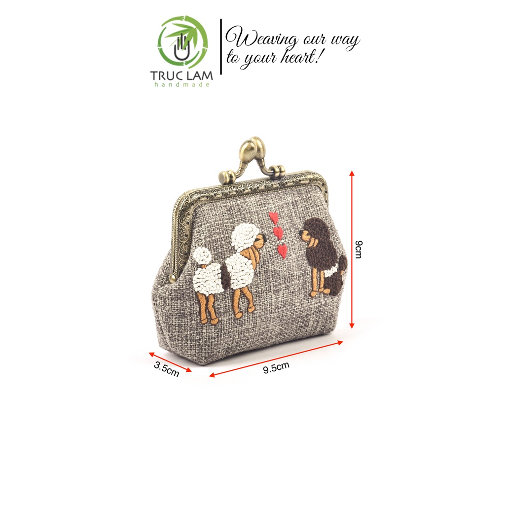 Ví Xu Cầm Tay Mini Khóa Nẹp Đồng Vải Gai Thêu Tay Họa Tiết Hai Chú Cún - Trúc Lâm Handmade