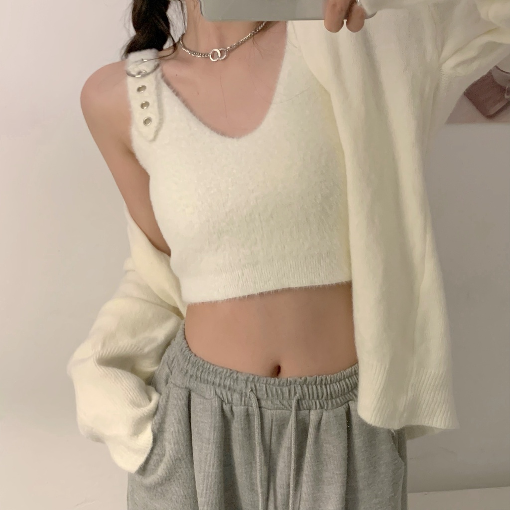 SUXI Áo Croptop Dệt Kim Cổ Chữ V Màu Sắc Ngọt Ngào