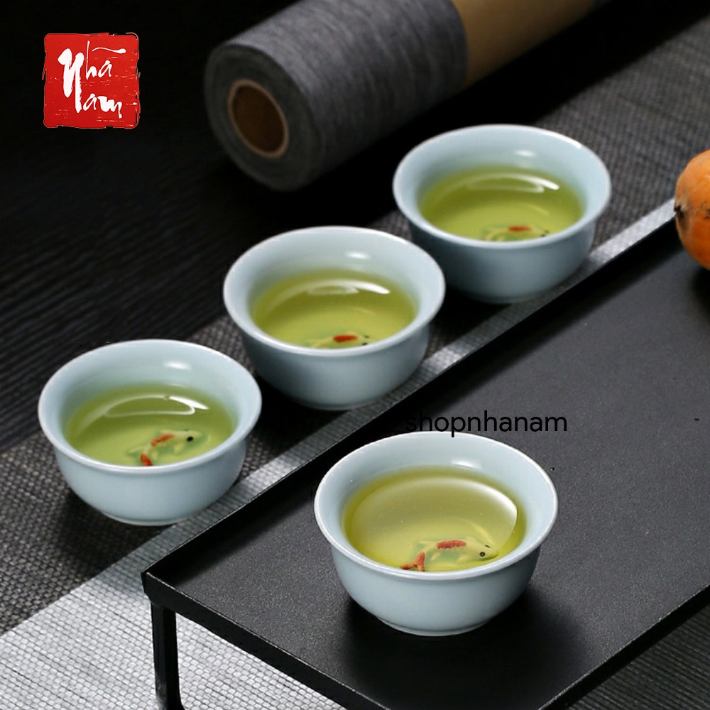 Chén trà cá chép họa tiết in nổi, chén men ngọc uống trà 3D cao cấp