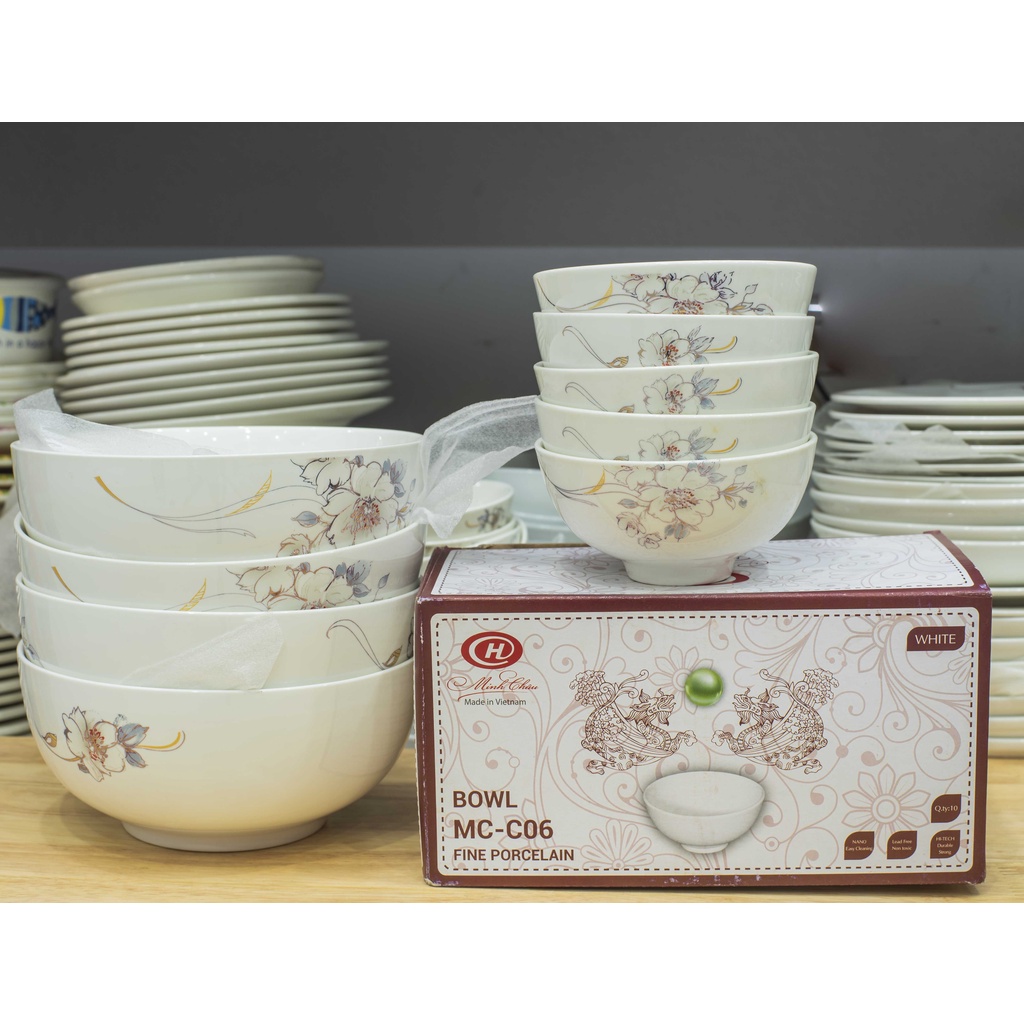 Combo 10 bát cơm sứ hoa văn loại đẹp Minh Châu cao cấp