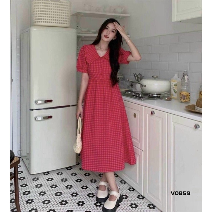 Đầm cổ sen caro midi VIBED