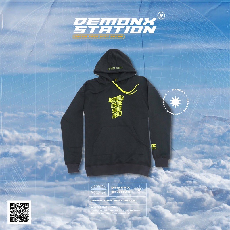 Áo hoodie xám thêu 3D - DemonX Station