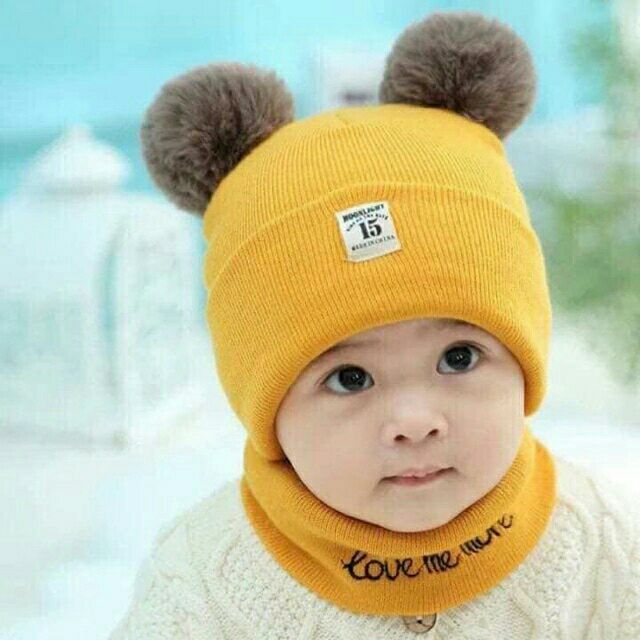 Sét mũ kèm khăn ống len quả bông cho bé
