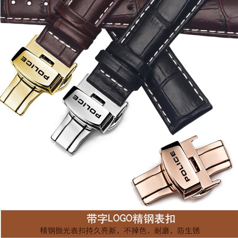 POLICE strap leather butterfly buckle watch strap men's and women's watch chain black thickened 23 24MM